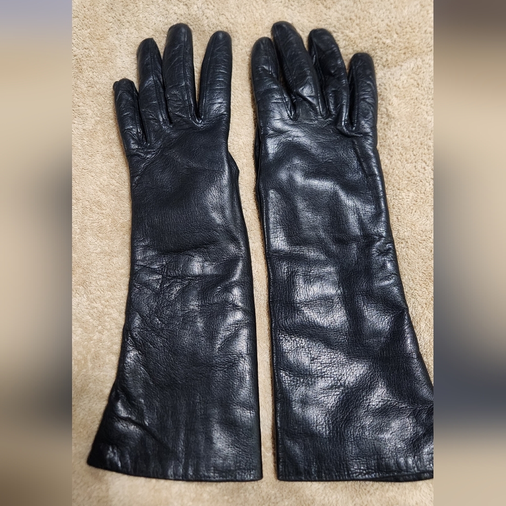 Genuine Leather Rabbit Fur Lined Long Cuff Black Vintage Gloves Sz 6.5